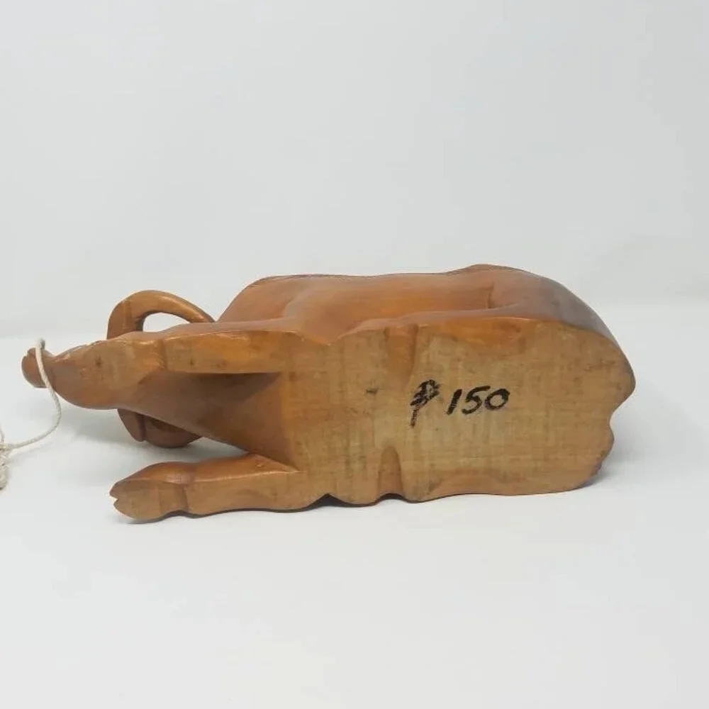 Vtg hand carved‎ Water Buffalo wine bottle holder man cave brown farmhouse